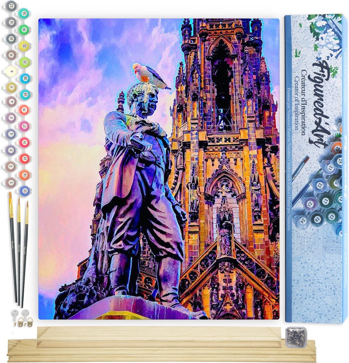 FiguredArt Schilderen op Nummer Volwassenen canvas Edinburgh-standbeeld - Handwerk acrylverf Kit DIY Compleet - 40x50cm met DIY houten lijst